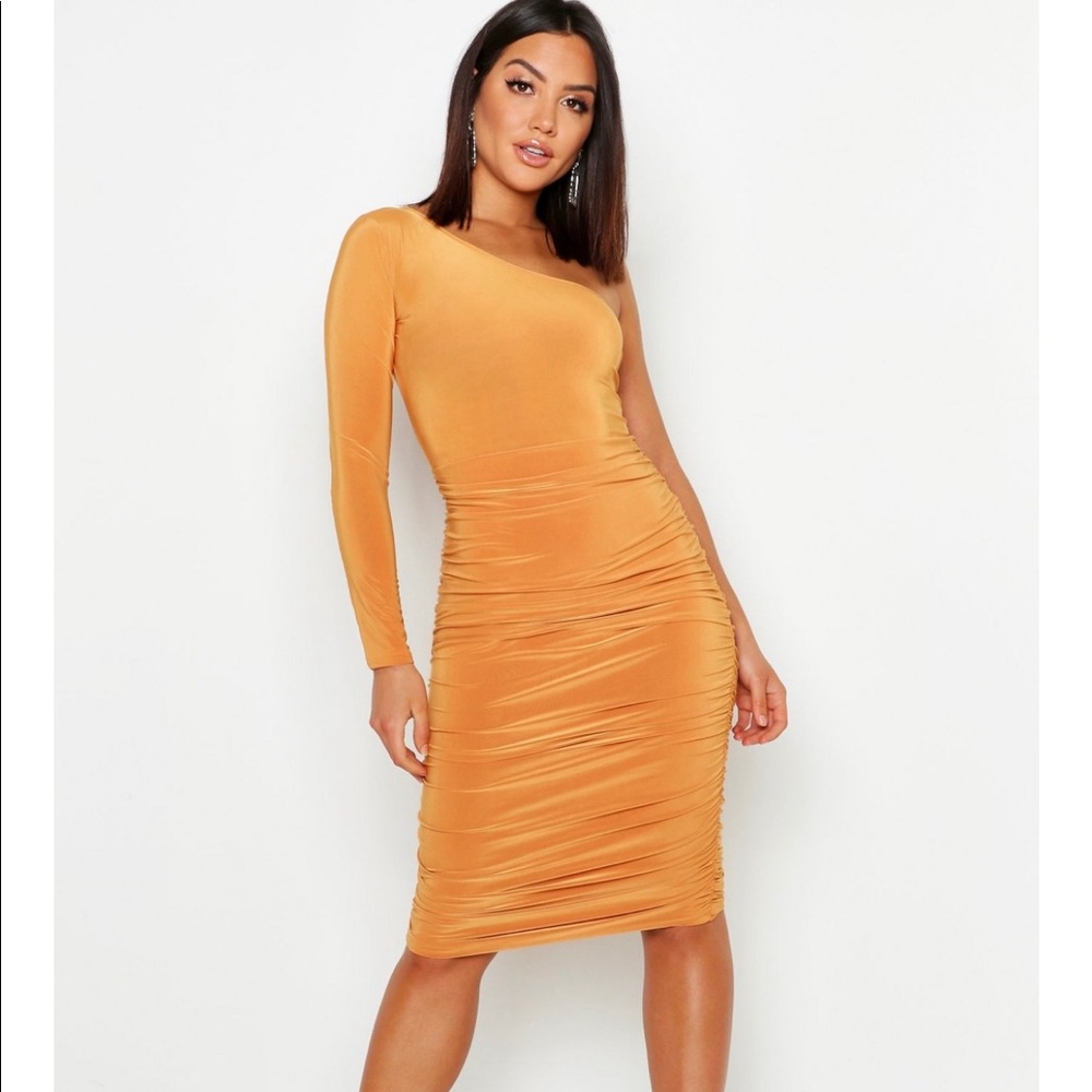 One Shoulder Double Layer Slinky Midi Dress